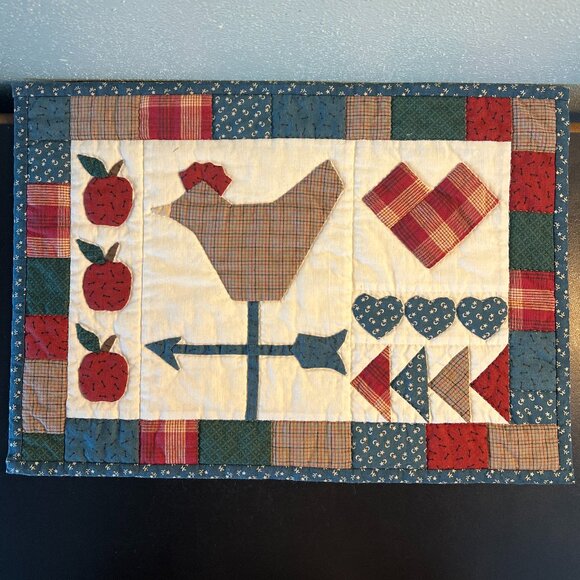 Hand Crafted Other - Handmade Folk Art CHICKEN Patchwork Appliqué Quilt Square Placemat Wall Hanging
